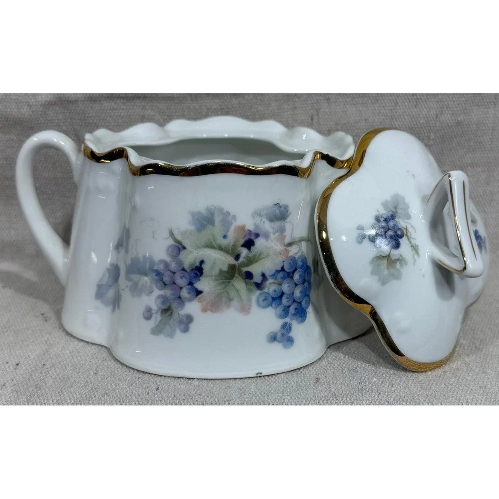 Antique ZS & Co Bavaria Porcelain Sugar Bowl and Creamer Set Gilt Grapes c. 1900